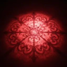 red light from above shines through and casts an ornate pattern on the floor below