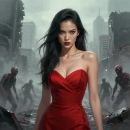 battle hardened, sly, cunning, rugged ada wong, face centered portrait, red dinner dress, confident, ruined cityscape, zombies, fog, rain, volumetric lighting, soft light particles floating near her, illustration, perfectly shaded, soft painting, art by krenz cushart and wenjun lin