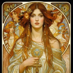 symmetrical portrait painting of a shamanic priestess and her higher self, beautiful face, gorgeous, magic, cinematic lighting, extremely detailed, sharp focus, by thomas kinkade, lise deharme, hans zatzka, george stubbs, louis wain, alphonse mucha, intricate, beautiful, award winning, trending on artstation, pixiv