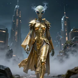 an alien with glowing smoky eyes wearing a long flowing cloth shirt over stylish large golden plate armor walking to a tall alien city!! in the background, night sky with stars, dramatic lighting, light fog, dramatic colors, cg render, highly detailed, trending on artstation