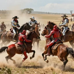 cinematic action shot of warriors wearing red armor in battle against cowboy outriders on horseback wearing silver armor and cowboy hats by Greg Rutkowski, 4k, masterpiece