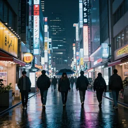 cyberpunk Tokyo rainy street, bright neon lights, photorealistic
