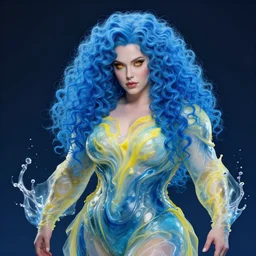 this bouncy magic knight's hooded eyes are the color of polished amber and his waist - length, curly, luxurious, blue hair is worn in a complex style. he has a broad - shouldered build. he has water powers that are invoked instinctively. his artistic outfit is mostly blue and yellow and it is vaguely transparent bending water like a fluid, by beksinski
