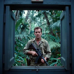 film still, extreme far view, ( george costanza )!!!!!!!!!!!, jungle, vietnam door gunner, apocalypse now, associated press, 2 6 mm, kodak ektachrome, blue tint expired film