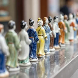 A street of walking colourful porcelain people figurines close up, tilt shift, reflections, Canon TS-E 17mm f/4, pristine quality wallpaper