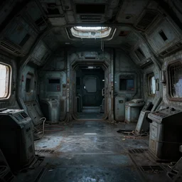 Interior of a abandoned spaceship from the computer game System Shock 2 (1999), trending on artstation, realistic lighting, realistic reflections