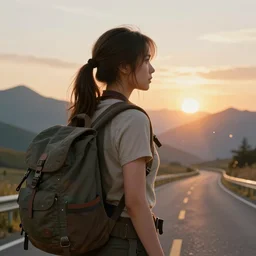 fantasy female ranger, back view, close up, backpack, free hands, beautiful, extremely detailed, road, sunrise, mountains in the distance, concept art, color page, tone mapping, akihiko yoshida, james jean, andrei riabovitchev, marc simonetti, digital illustration, greg rutowski, volumetric lighting, sunbeams, particles