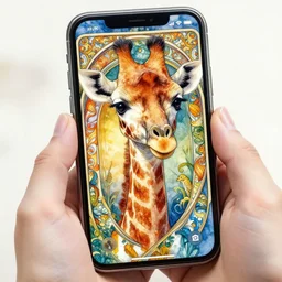 a beautifull intricate watercolour painting of a cute little giraffe using mobile phone, reflexions, verry high details by william turner art, greg rutkowski and alphonse mucha, trending on artstation, very very detailed, masterpiece, vibrant colors