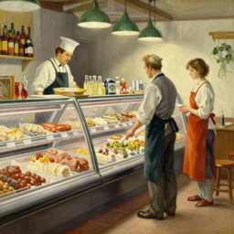 realistic painting of a butchershop, detailed art by maxfield parrish and jessie willcox smith, illustration style, brandywine school, acrylic paints