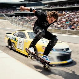 tony hawk competing a nascar race on a skateboard