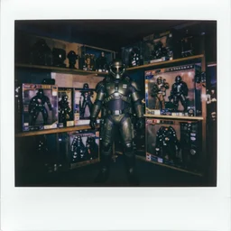 a dark gift shop with section of master chief toy boxes. 3 5 mm f / 2. 8 macro lens. creepy dark polaroid. ai upscaled. - w 6 4 0