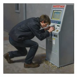 hyper - realism amnesiac painting, a person looking for coins on the ground to use a machine, frantically searching, looking for credits, tokenized capitalism, you have to pay to play