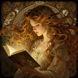 a girl reading a book, her hair flowing down, intricate, highly detailed, dynamic lighting, digital art, digital painting, artstation, wlop, sharp focus, illustration, art by artgerm and greg rutkowski and alphonse mucha