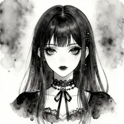 headshot art of a goth anime woman, attractive, symmetrical face, trending on artstation, black and white watercolor