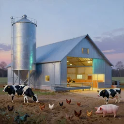 exterior view of modern futuristic farm barn architecture, silo, feed troughs, cows, pigs, chickens, detailed luminescent oil painting 4 k