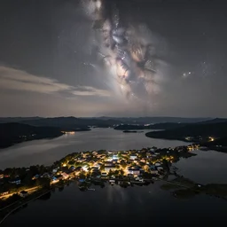 a beautiful double exposure of an award winning nighttime drone photo of a village by a still lake, and an astronomy photo of the day, nebula, muted colours, cool tones, neutral colours, long exposure, clouds, reflections