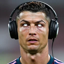 Portrait of Cristiano Ronaldo with headphones, burning white eyes, extreme details, soft lighting, realistic octane rendering, 8k