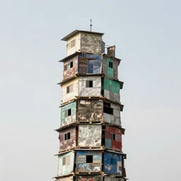 a tower made up of makeshift squatter shacks with bleached colours, mamiya, 8 5 mm, f 1. 7, fully frontal view, uniform plain sky, light leaks, digital glitches, photographed by julie blackmon