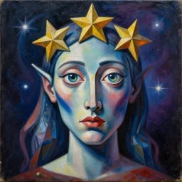 Intricate five star Celestial Entity portrait by Pablo Picasso, oil on canvas, HDR, high detail, Photo realistic, hyperrealism,matte finish, high contrast, 3d depth, masterpiece, vivid and vibrant colors, enhanced light effect, enhanced eye detail,artstationhd
