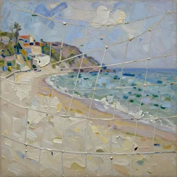 palette knife painting of a close up of a three - dimensional thick impasto oil painting of a beautiful italian beach scene, seen through complex stringy netting, lots of thick encrusted paint, vast amounts of wax - like lines of dripping oil paint cover nearly everything, painted by monet signac and frank auerbach, background thick encrusted paint, very limited colour palette