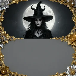 at the top: symmetrical centered portrait of Anna Millerstone as a Dark evil witch, big moon in the background, at the bottom: empty space, dramatic lighting, book cover illustration by Greg rutkowski, yoji shinkawa, 4k, digital art, concept art, trending on artstation, golden silver elements, empty grey space at the top, flower elements