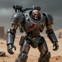 a close up cinematic still of a zombie heavy battlemech military with flesh, by kow yokoyama, maschinen krieger, hobby japan, stormy post apocalyptic desert, highly detailed, 3 5 mm, shot with canon 5 d mark ii, face detail, rob bottin, rick baker, jordu schell, artstation, cg society, soft illumination