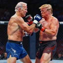 a painting of a muscular, shirtless, joe biden beating a shirtless donald trump in an mma match.