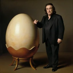 danny devito standing next to a chair shaped like an egg, renaissance painting, masterpiece