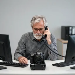 An old networking engineer passed out on their desk is tasked with another dead end support call on the phone, Canon EOS R3, f/1.4, ISO 200, 1/160s, 8K, RAW, unedited, symmetrical balance, in-frame