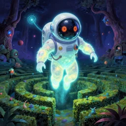 A beautiful composition of a psychedelic glowing spirit animal psychonaut floating above a hedge maze, DMT, rich details full of texture, realistic eyes, artwork by Satoshi Kon and Yoshitaka Amano and Moebius,