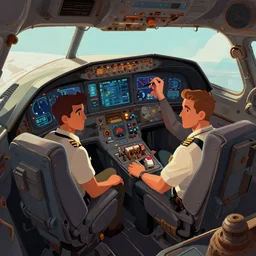 Two pilots inside a steampunk 747 cockpit, artwork by Craig Mullins, isometric camera, detailed, trending on artstation