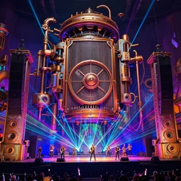 , center of the stage is a big futuristic steampunk generator surrounded by steampunk machinery with speaker towers, rock musicians on the stage, laser show, 8 k, fluorescent colors, halluzinogenic, multicolored, exaggerated detailed, unreal engine