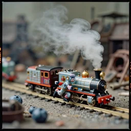kodak portra 4 0 0, wetplate, muted colours, blueberry, action photography, 1 9 2 0 s, long shot, macro photo of a colourful tin toy robot running a steamy steam engine on a steampunk junkyard, motion blur, tiny gaussian blur, depth of field