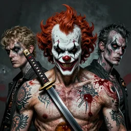 4 k headshot of scary godlike psychedelic clown with katana sheathed on back from macfarlane comics, tattoos by craig mullins, ilya kuvshinov, indomitable, wild hair, krenz cushart, blood spatter, muscular, symmetry accurate features, epic, artgerm trending on artstation by edward hopper and dan mumford and wlop and rutkovsky, beksinski