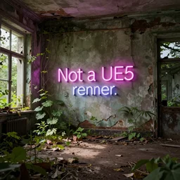 ruined, abandoned polish mansion, seen from inside and overgrown by plants. A big neon sign on one of the walls with the text: Not a UE5 render. First light of day falls through the broken windows. Dirt, leaves on ground. Octane render. Substance painter. Zbrush. Trending on artstation. 8K. Highly detailed.