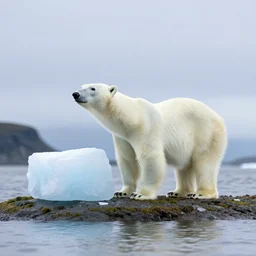 a skinny polar bear beside a block of ice on a tiny pacific island