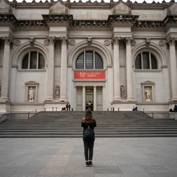 wide shot of a girl standing by herself in the metropolitan museum of art, epic composition, 4 k resolution, ultra detailed detailed, quiet
