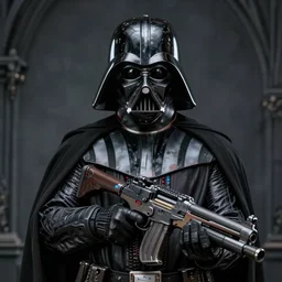 hyperrealistic portrait of gothic cyberpunk darth vader holding a machine gun, 4 k, highly detailed, beautifully rendered