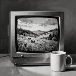 a black and white acrylic painting of a crt television next to a mug
