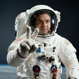 extremely detailed and anatomically accurate photograph of neal armstrong making a peace sign to tell his fellow astronauts that there are exactly two problems. two fingers raised, the rest are down. award - winning photograph vfx cgi. 3 5 mm shot on 7 0 mm, cinematic still, 8 k, photorealism. designed to help art students learn how to depict human hands correctly. masterpiece. digital art trending on artstation