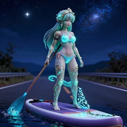 bikini anime girl bioluminescent paddleboarding at night by highway man painting, stars, galaxies, photorealistic, high resolution, vray, hdr, hyper detailed, insane details, intricate, elite, ornate, elegant, luxury, dramatic lighting, octane render, weta digital, micro details, 3 d sculpture