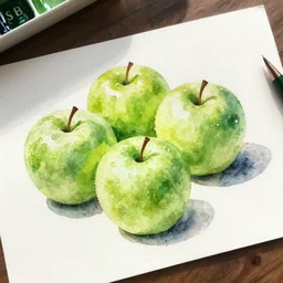 watercolor painting of green fresh apples on white paper, bright