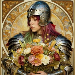 closeup portrait of billie ellish wearing an armour costume and helmet, holding a bouquet of flowing flowers from below, hands disappeared under the bouquet of flowers, profile view, fantasy, regal, intricate, by stanley artgerm lau, greg rutkowski, thomas kinkade, alphonse mucha, loish, norman rockwell