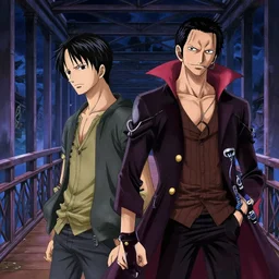 two young men, one man human, one man vampire, night, on a birdge, detailed, intricate, aesthetic, artistic, 8 k resolution in the style of one piece