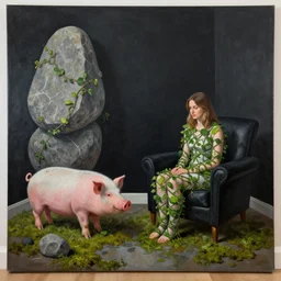 a pathology student in her apartment, wrapped in vines, large stones, pig, black walls, black armchair, puddles, moss, acrylic on canvas, by magritte and monet