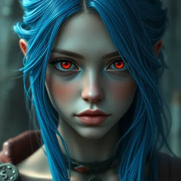 portrait of a teenage female human with bluehair and redeyes and greenskin fantasy artwork epic detailed and intricate digital painting trending on artstation by wlop octane render