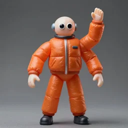 still slender figurine of a tall giant inflated space man action figure wearing over sized orange puffy bomber jacket, long bendy arms and legs, googly eyes, tareme eyes, small head, personification, dynamic pose, detailed product photo, tone mapped, beautiful composition, 8 5 mm, f 5. 8, soft lighting