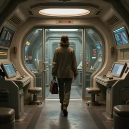 “walking through a space station terminal in the architectural style of Alien Isolation. Noticing the attention to detail in the retro futuristic aesthetic”