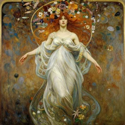 an intricate realistic oil painting of persephone, beautiful woman, tragedy, flowing robe, flowers, headspace, fantasy art, emil melmoth, by greg rutkowski, by mucha, by alma tadema