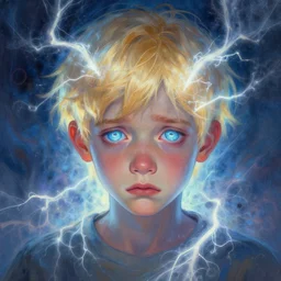 powerful eyes glowing highly detailed painting of deep sadness alone, young blonde boy spiritual portrait, fractal electricity surrounding him, expressive emotional sadness piece, trending on art station, abstract emotional sadness expression, very very very beautiful, fantasy digital art, visionary art, magical fantasy 2 d concept art